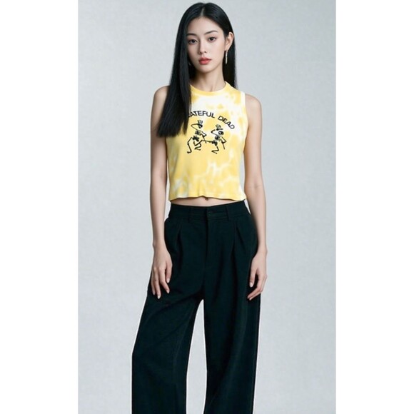 Grateful Dead Yellow Tie Dye Tank Top Size Large Stretchy Cropped Top Baby Tee - Picture 1 of 8